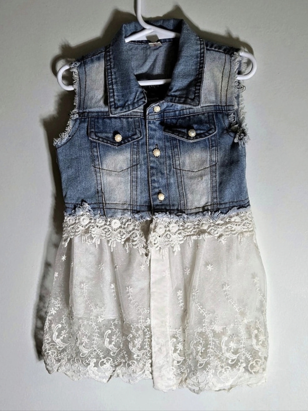 Boho Denim Lace Pearl Vest Dress Sleeveless Jean Jacket Tulle Hem Size 9 Botique